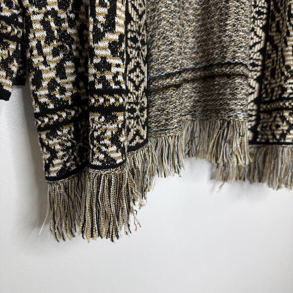 Ruby Rd Cardigan Sweater Womens 1X Black Tan Fringe Open Front Boho Knit Aztec - Picture 3 of 7